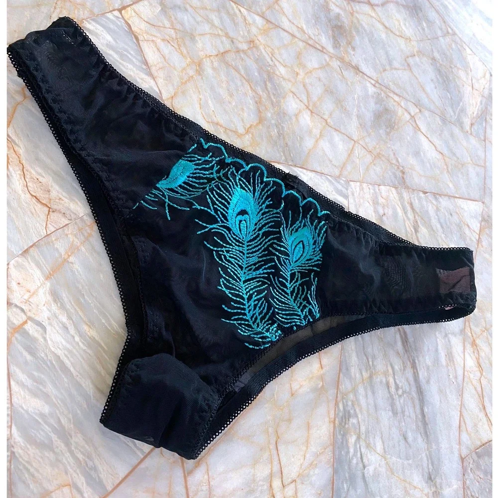 Black Sheer Mesh Bikini Panty Teal Peacock Feather Embroidered Lingerie Mid Rise
